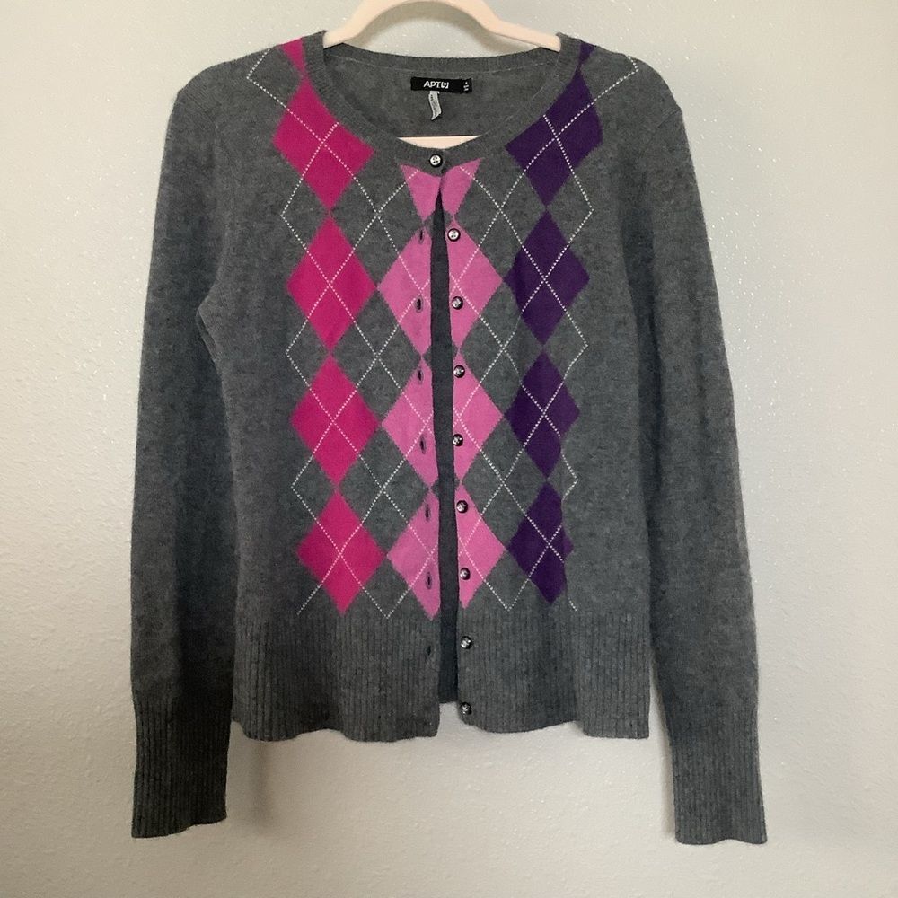 Apt. 9 Grey Argyle 100% Cashmere Preppy Old Money Cardigan Sweater‎ M Retro Twee